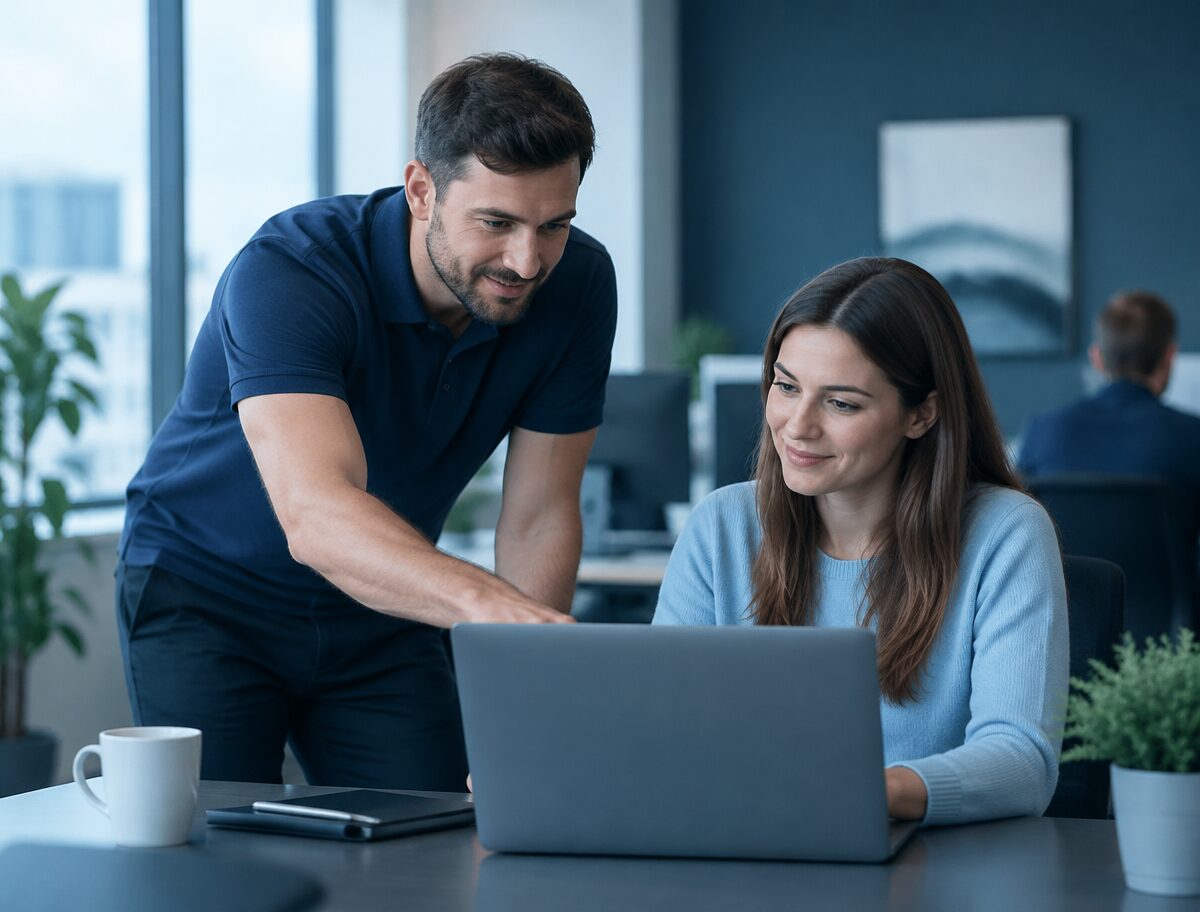 815 IT engineer helping a colleague with a laptop