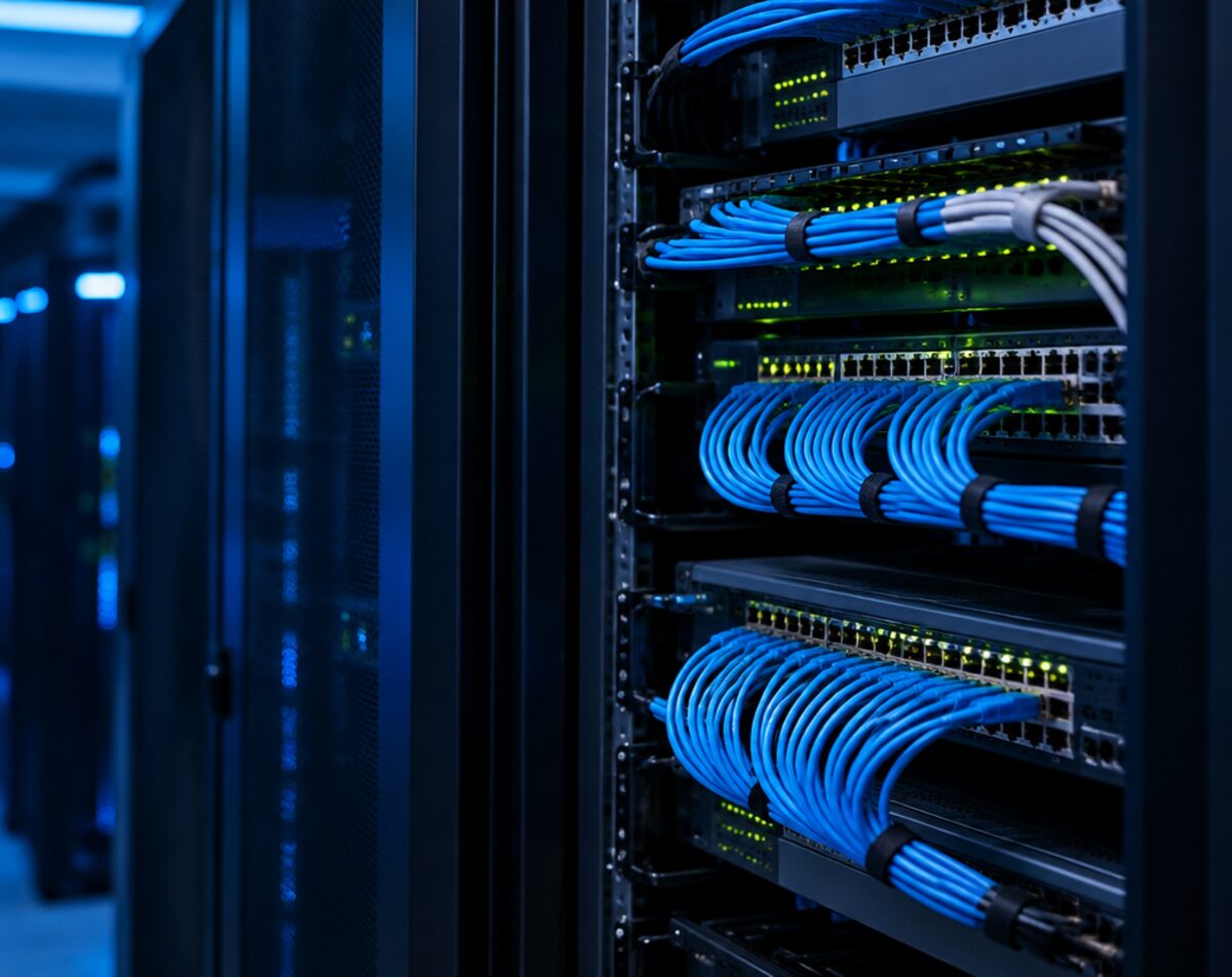 Neatly cabled network cabinet in a small server room